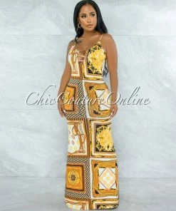 Vendor-unknown JUST IN Alamar Ivory Gold Multi-Color Print Maxi Dress