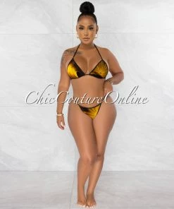 Chic Couture Online Merrit Mustard Black Print Cover-Up 3 Piece Swimsuit Set JUST IN