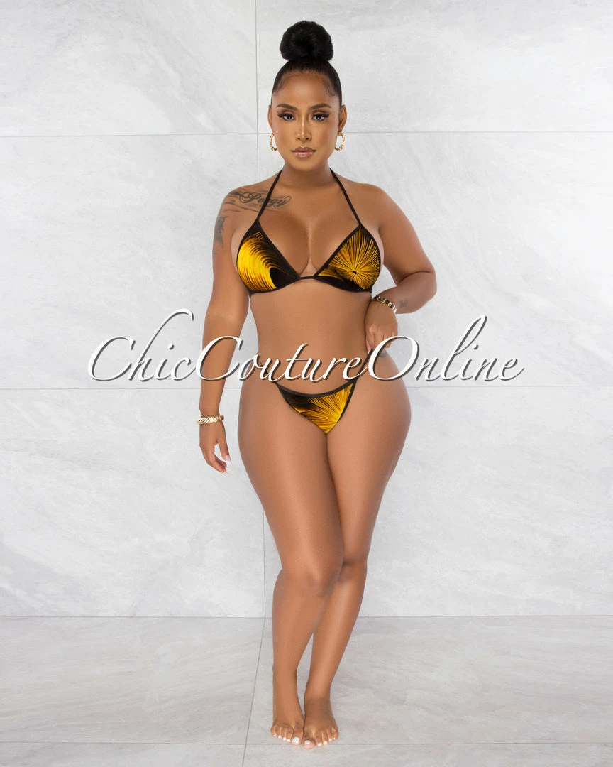 Chic Couture Online Merrit Mustard Black Print Cover-Up 3 Piece Swimsuit Set JUST IN
