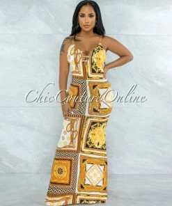 Vendor-unknown JUST IN Alamar Ivory Gold Multi-Color Print Maxi Dress