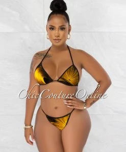 Chic Couture Online Merrit Mustard Black Print Cover-Up 3 Piece Swimsuit Set JUST IN