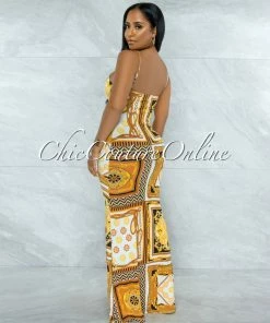 Vendor-unknown JUST IN Alamar Ivory Gold Multi-Color Print Maxi Dress
