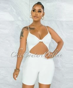 Vendor-unknown Richie Off-White Front Knot Cut-Out Double Lined Romper