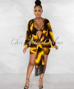 Chic Couture Online Merrit Mustard Black Print Cover-Up 3 Piece Swimsuit Set JUST IN