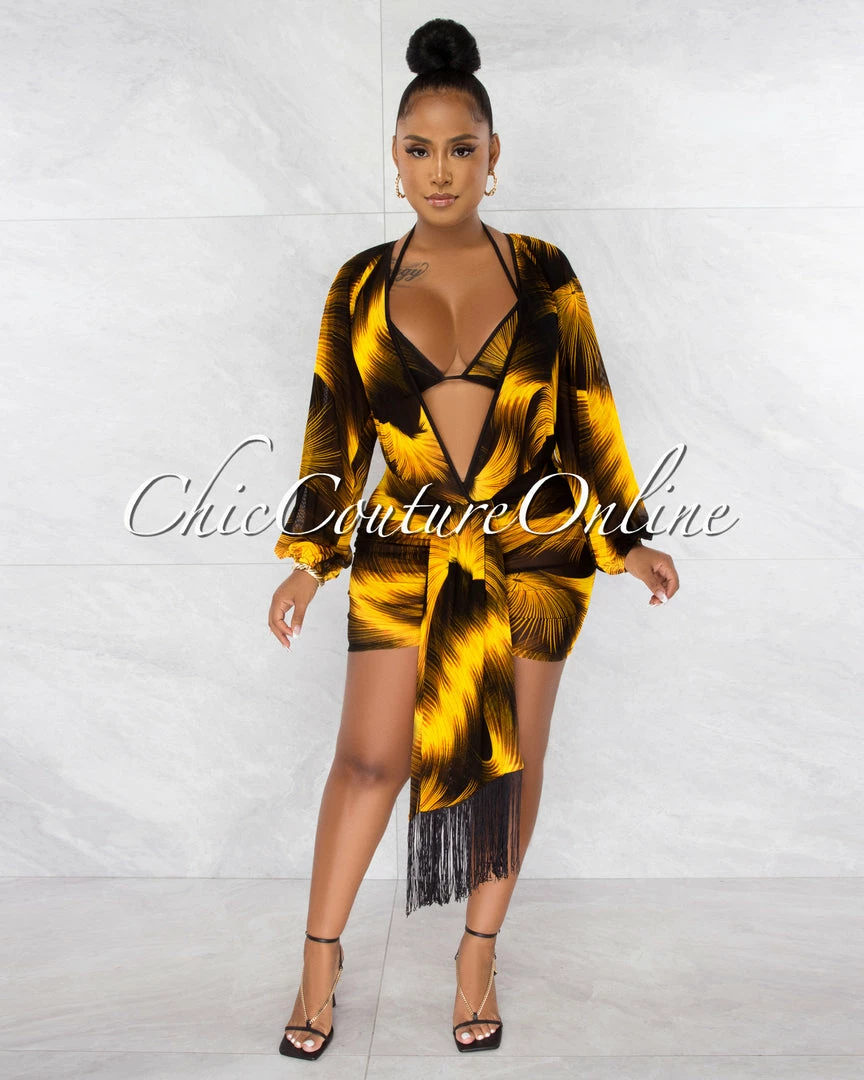 Chic Couture Online Merrit Mustard Black Print Cover-Up 3 Piece Swimsuit Set JUST IN