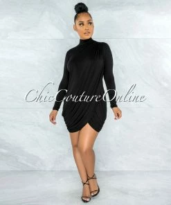 Vendor-unknown Tamira Black Drape Long Sleeves Dress