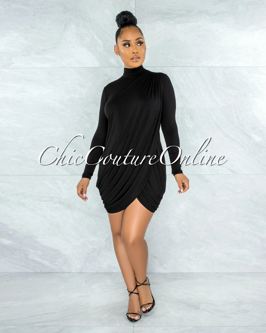 Vendor-unknown Tamira Black Drape Long Sleeves Dress