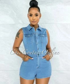 Vendor-unknown Hamony Medium Denim Silver Snaps Front Romper JUST IN