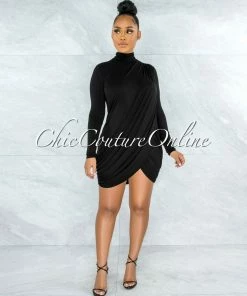 Vendor-unknown Tamira Black Drape Long Sleeves Dress