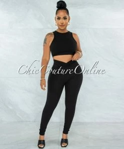 Vendor-unknown Lavesh Black Crop Top & Leggings Ribbed Set