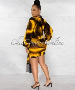 Chic Couture Online Merrit Mustard Black Print Cover-Up 3 Piece Swimsuit Set JUST IN