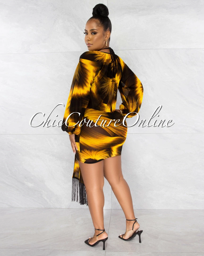 Chic Couture Online Merrit Mustard Black Print Cover-Up 3 Piece Swimsuit Set JUST IN