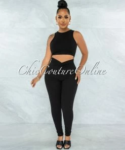 Vendor-unknown Lavesh Black Crop Top & Leggings Ribbed Set