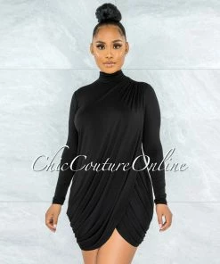 Vendor-unknown Tamira Black Drape Long Sleeves Dress