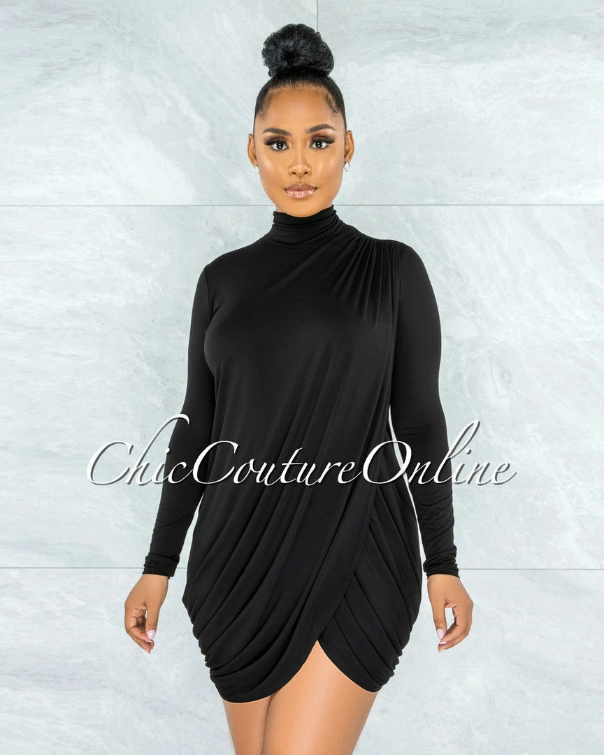 Vendor-unknown Tamira Black Drape Long Sleeves Dress