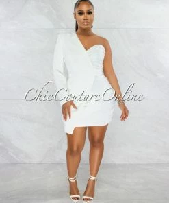 Vendor-unknown JUST IN Marty Off-White Satin Tuxedo Single Sleeve Dress