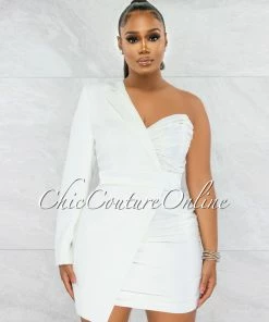 Vendor-unknown JUST IN Marty Off-White Satin Tuxedo Single Sleeve Dress