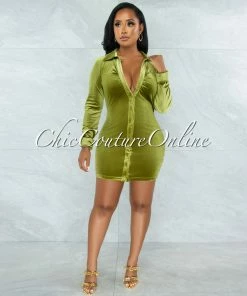 Vendor-unknown JUST IN Giovanna Pickle Green Velvet Buttons Drape Shirt Mini Dress