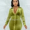 Vendor-unknown JUST IN Giovanna Pickle Green Velvet Buttons Drape Shirt Mini Dress