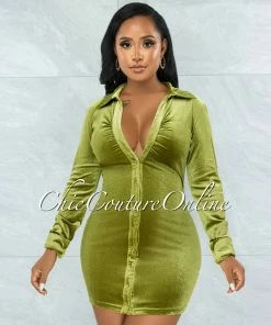 Vendor-unknown JUST IN Giovanna Pickle Green Velvet Buttons Drape Shirt Mini Dress