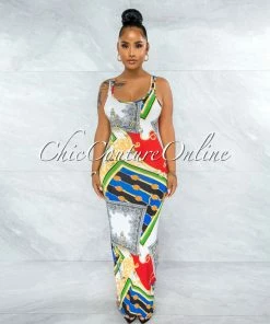 Vendor-unknown JUST IN Dulce White Red Blue Print Tank Maxi Dress