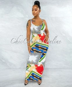 Vendor-unknown JUST IN Dulce White Red Blue Print Tank Maxi Dress
