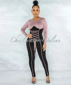 Vendor-unknown Gilam Mauve Black Two-Tones Lace-Up Jumpsuit JUMPSUITS