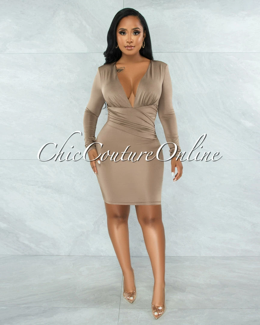 Vendor-unknown Leoda Taupe V-Neck Draped Waist Mini Dress