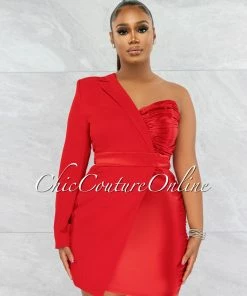 Vendor-unknown Marty Red Satin Tuxedo Single Sleeve Dress