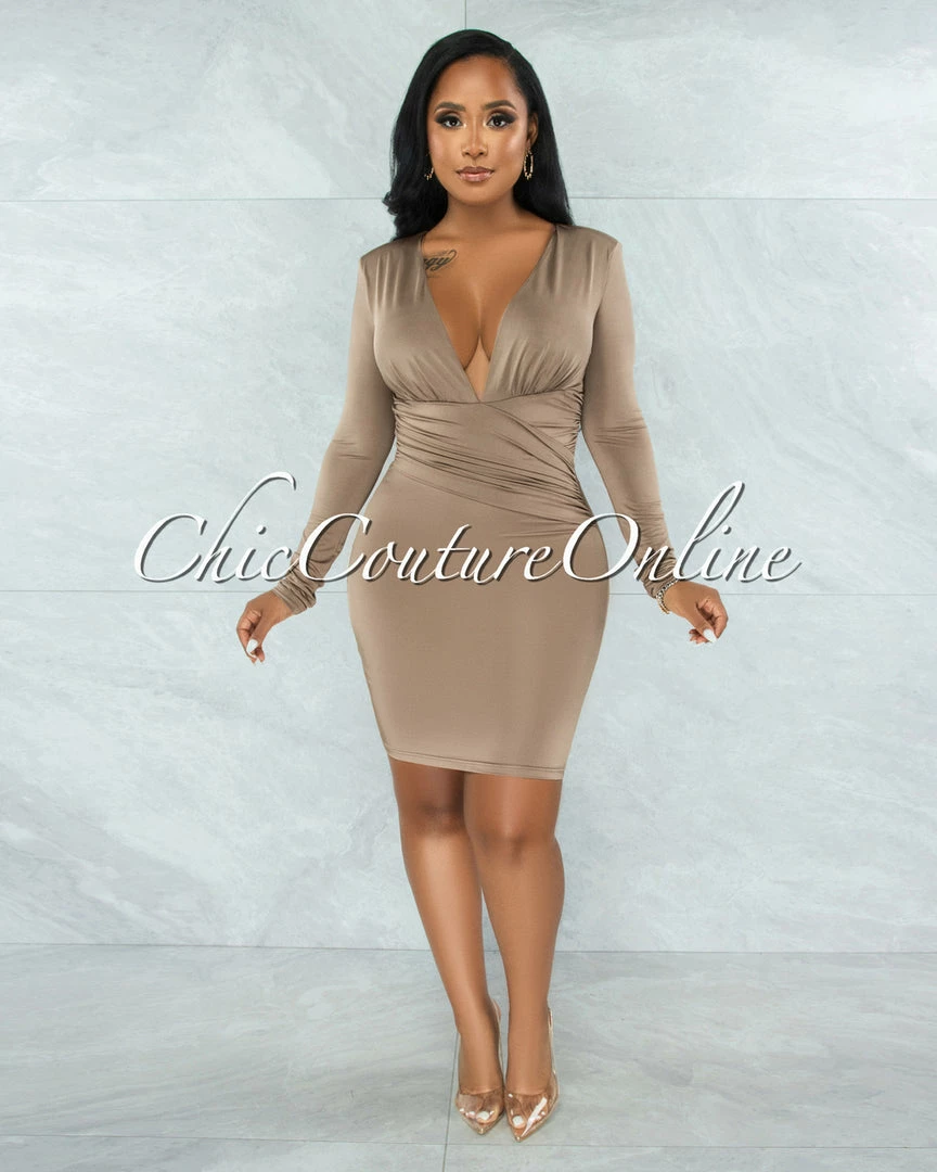 Vendor-unknown Leoda Taupe V-Neck Draped Waist Mini Dress