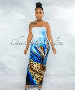 Vendor-unknown Canisa White Blue Leopard Print Tube Maxi Dress