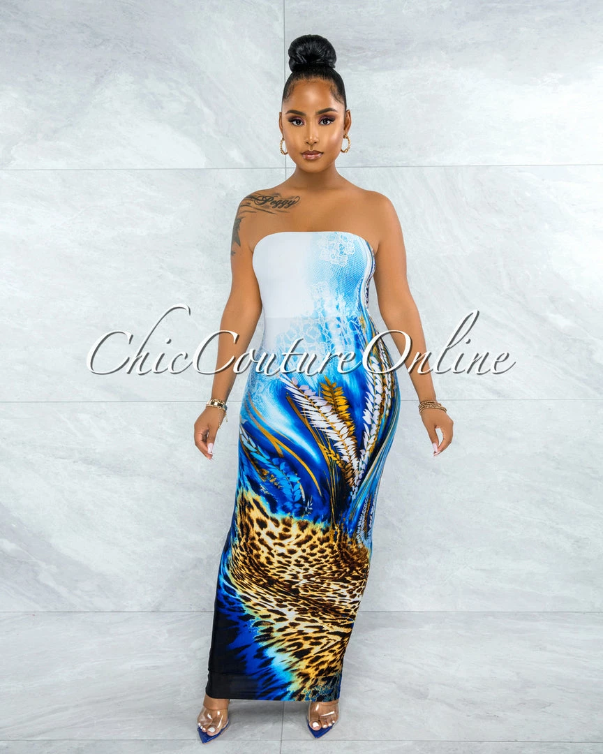 Vendor-unknown Canisa White Blue Leopard Print Tube Maxi Dress