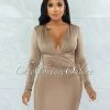 Vendor-unknown Leoda Taupe V-Neck Draped Waist Mini Dress