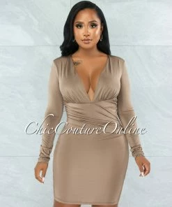 Vendor-unknown Leoda Taupe V-Neck Draped Waist Mini Dress