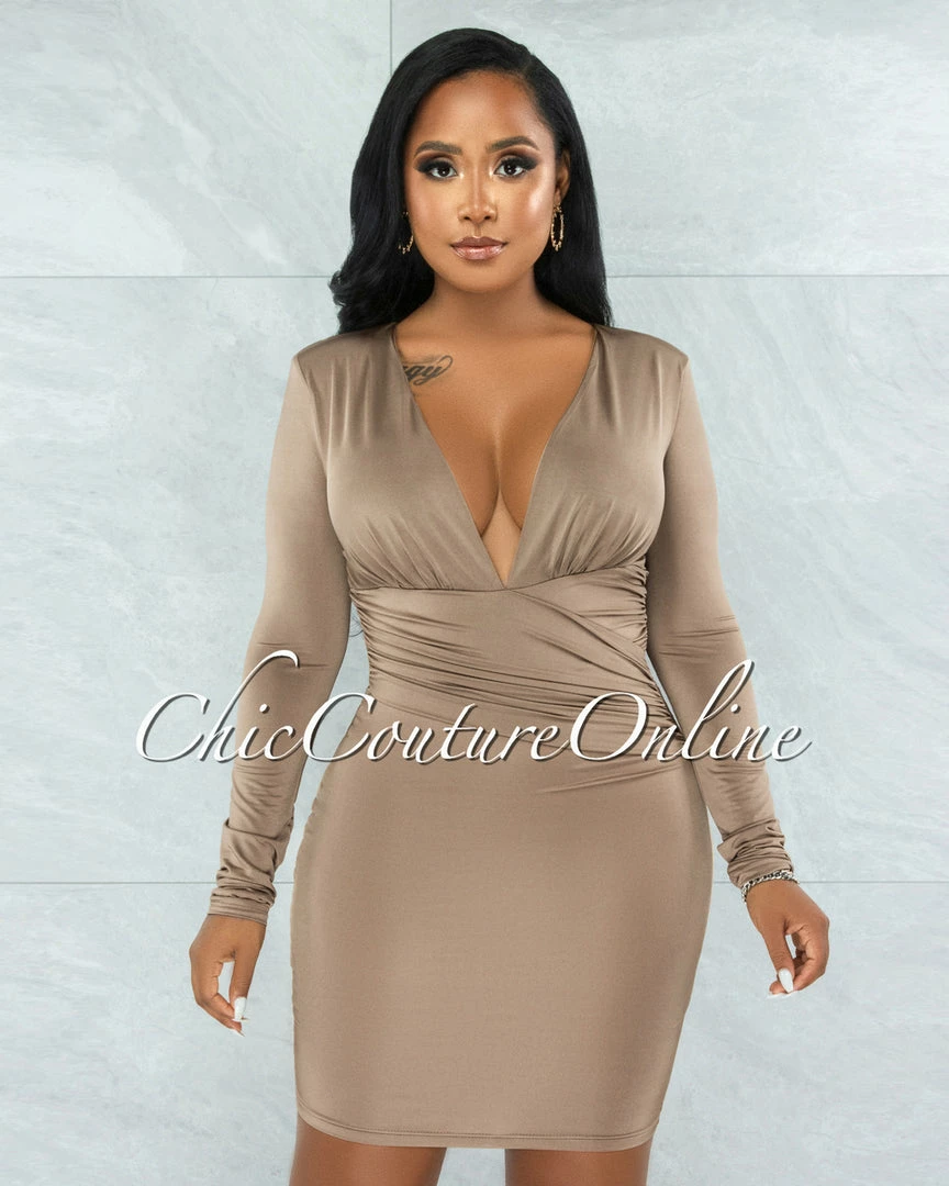 Vendor-unknown Leoda Taupe V-Neck Draped Waist Mini Dress
