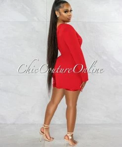 Vendor-unknown Marty Red Satin Tuxedo Single Sleeve Dress