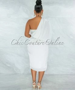 Vendor-unknown Legia White Draped Single Shoulder Midi Dress