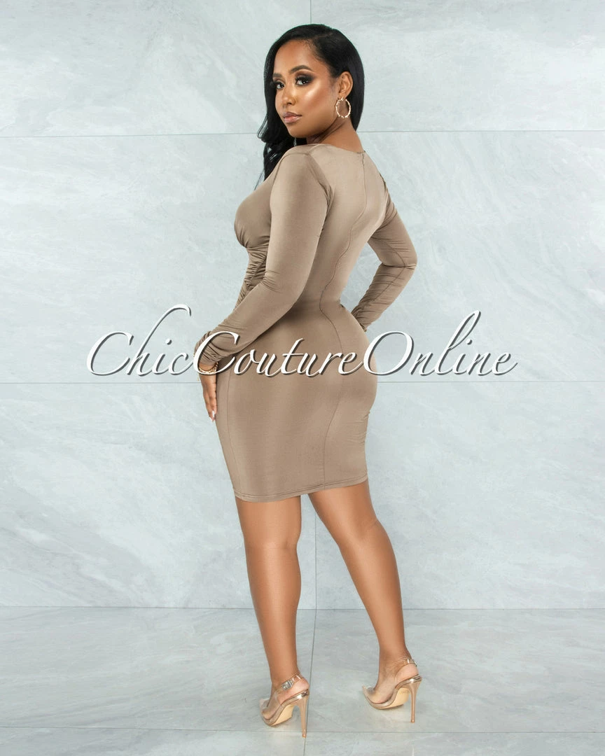 Vendor-unknown Leoda Taupe V-Neck Draped Waist Mini Dress