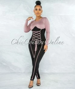 Vendor-unknown Gilam Mauve Black Two-Tones Lace-Up Jumpsuit JUMPSUITS