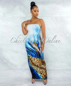 Vendor-unknown Canisa White Blue Leopard Print Tube Maxi Dress