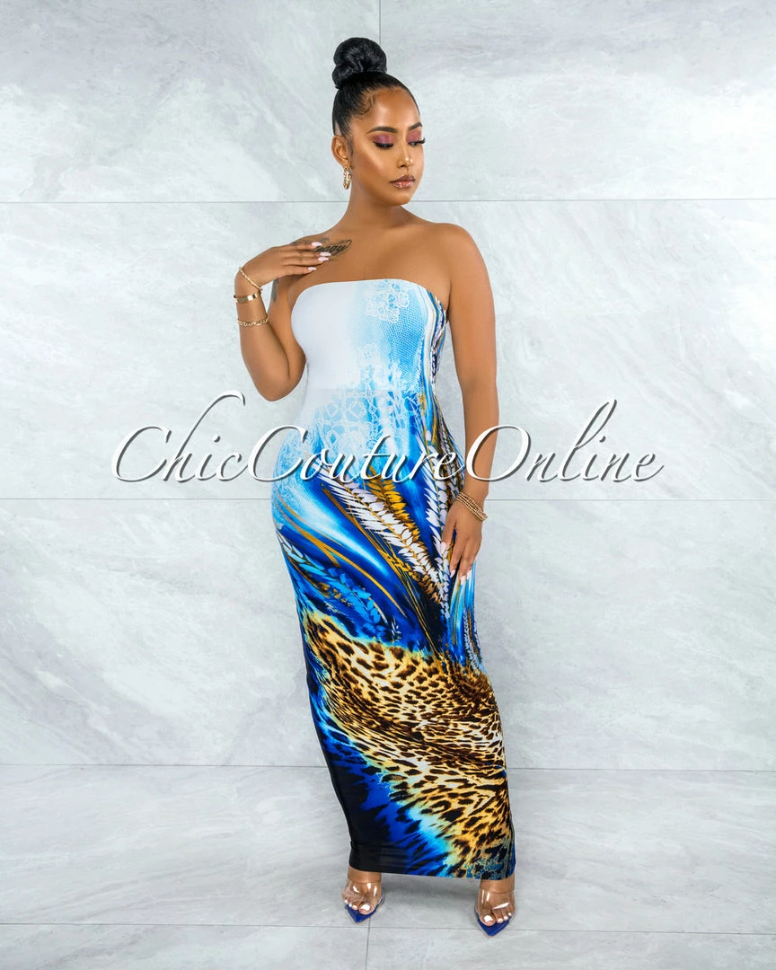 Vendor-unknown Canisa White Blue Leopard Print Tube Maxi Dress