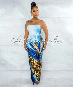Vendor-unknown Canisa White Blue Leopard Print Tube Maxi Dress