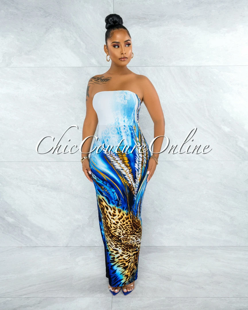 Vendor-unknown Canisa White Blue Leopard Print Tube Maxi Dress