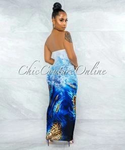 Vendor-unknown Canisa White Blue Leopard Print Tube Maxi Dress