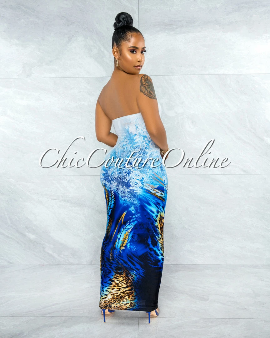 Vendor-unknown Canisa White Blue Leopard Print Tube Maxi Dress