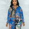 Vendor-unknown JUST IN Kendis Blue Multi-Color Print Buttons Drape Shirt Dress
