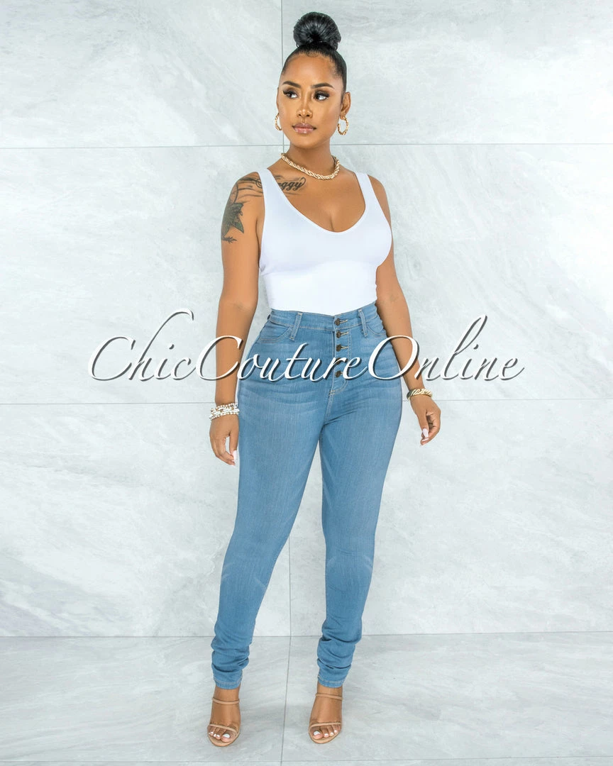 Vendor-unknown Phina Light Denim Button Up High Waist Skinny Jeans JUST IN