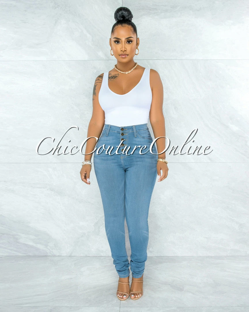 Vendor-unknown Phina Light Denim Button Up High Waist Skinny Jeans JUST IN