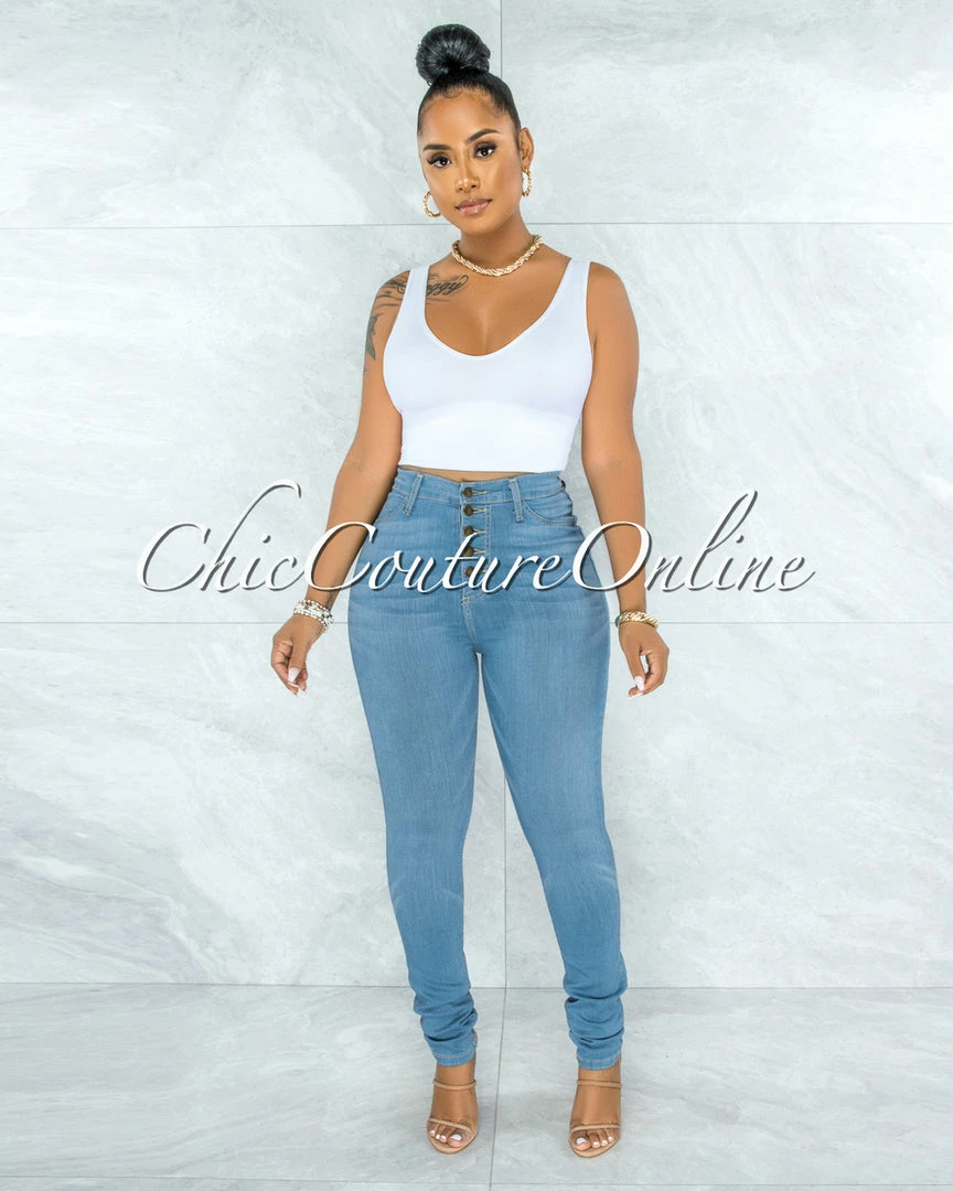Vendor-unknown Phina Light Denim Button Up High Waist Skinny Jeans JUST IN