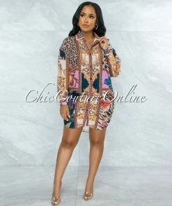 Vendor-unknown Pleun Brown Pink Multi-Color Print Buttons Drape Shirt Dress